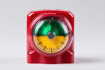 Red kitchen timer with a green and yellow dial. Time management concept.