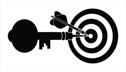 Target with Key Dart: A black and white illustration of a dart hitting the center of a target, with a key forming the shaft of the dart, symbolizing strategy and precision.
