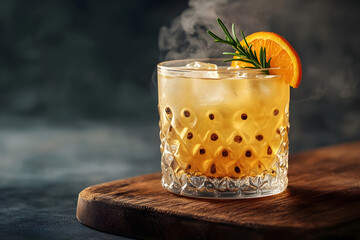 Elegant cocktail with orange garnish served on rustic wooden board 