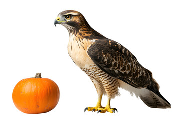 Fototapeta premium Majestic hawk beside an autumn pumpkin.
