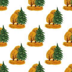 Seamless autumnal pattern featuring hand-painted illustrations of evergreen trees and golden-leaved deciduous trees nestled amongst fallen leaves, creating a charming and cozy woodland scene.