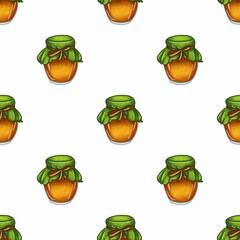 Seamless pattern of hand-drawn honey jars with green fabric lids and brown ribbons, featuring a textured, golden honey illustration against a white background.