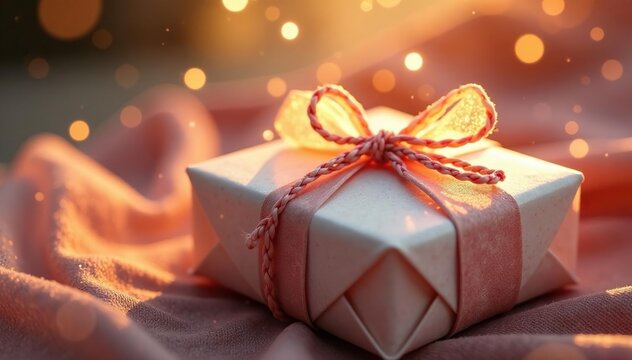 Delicate twine-tied packages bathed in warm light , simple, luxury, soft