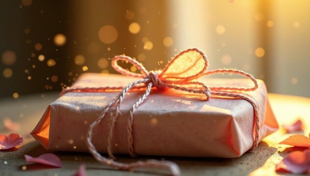 Delicate twine-tied packages bathed in warm light , luxury, details, gift wrap