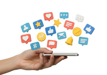 Hand holding phone with social media icons isolated on transparent background