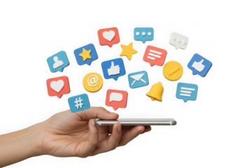 Hand holding phone with social media icons isolated on transparent background