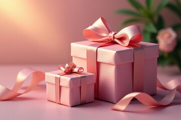 Obraz premium Elegant gift boxes, shimmering silk ribbon, soft glow , silk, sparkle, retail