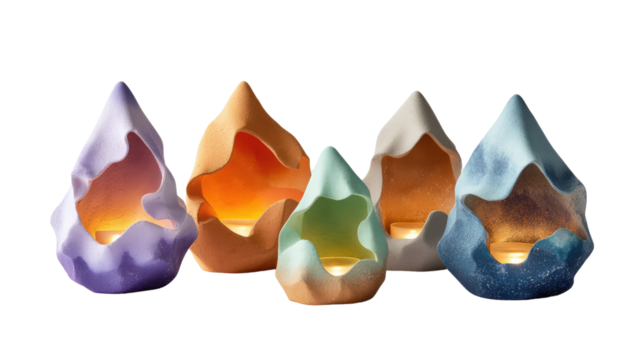 Artistic Candle Holders: A group of artistic candle holders, each sculpted into unique teardrop shapes with varying colors, exuding an aura of modern sophistication and elegance.