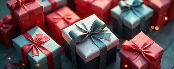 Elegant gift boxes, twine detail, aerial view, elegant, string, air