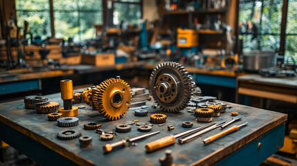 Detailed View of Machine Gears and Tools in Workshop Environment