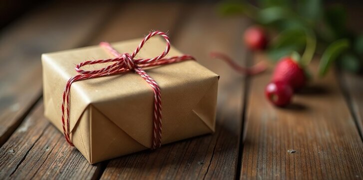 Elegant gift parcels, rustic twine, wood table, packaging, eco