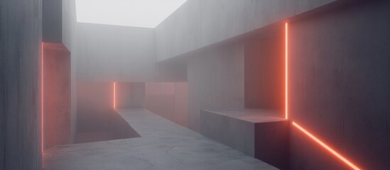 Fototapeta premium Foggy modern architecture with orange neon lights.