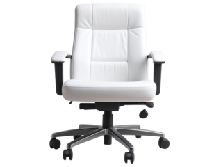 A white leather office chair with adjustable height and armrests, on a five-star base with casters