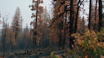 Fototapeta premium Burnt forest landscape after a devastating wildfire.