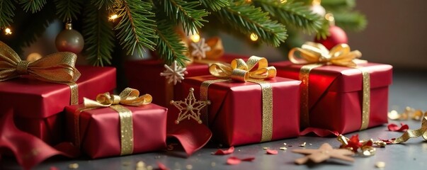 Elegantly wrapped presents with gold accents, nestled under a Christmas tree , season, sparkle, macro