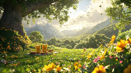 Two teddy bears picnic in a flower-filled meadow with a mountain view