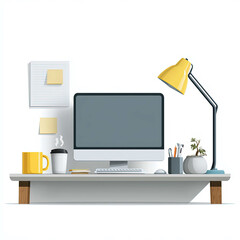 Workplace setup with computer monitor, coffee, lamp, and desk accessories on a white table