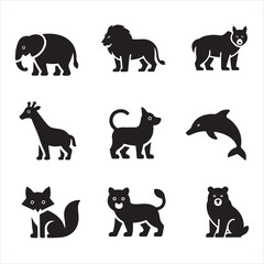 collection of nine simple, black silhouette icons of different animal species, including an elephant, lion, bear, giraffe, dog, dolphin, fox, and a tiger. on white background