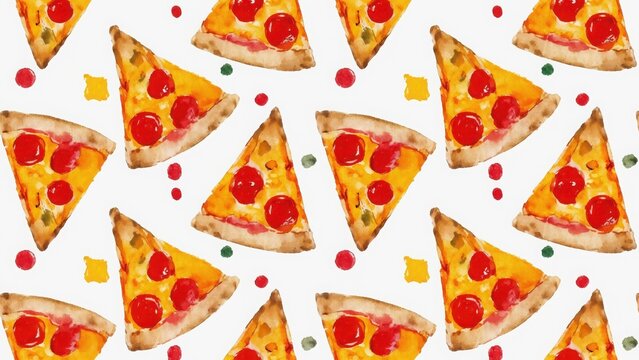 Seamless watercolor pattern with pepperoni pizza