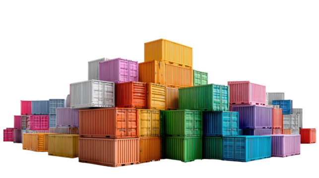 Cargo Containers Display: A vibrant collection of colorful cargo containers stacked artfully, illustrating the global flow of goods and the intricate logistics of international trade.