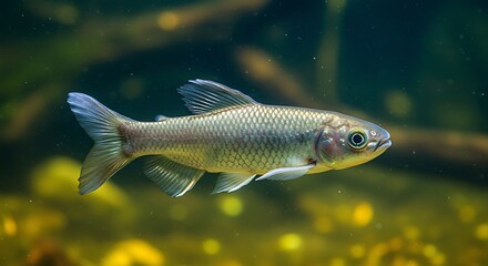 Fototapeta premium Silvery fish swims through dappled aquatic environment