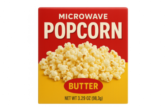 Microwave popcorn box with transparent background featuring buttery snack