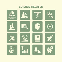 Science icons pack featuring symbols for biology chemistry physics and other scientific disciplines including research lab equipment and analysis tools