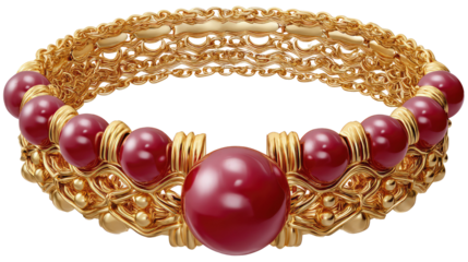 Golden Bracelet with Red Jewels: An exquisite close-up of an ornate golden bracelet, meticulously crafted and adorned with vibrant red jewels, embodying elegance and timeless beauty.