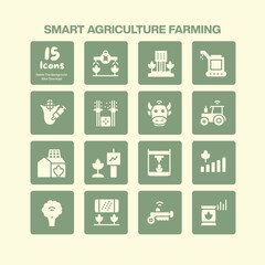 Smart agriculture farming icons pack featuring symbols for modern farming technology crop cultivation livestock management and sustainable food production