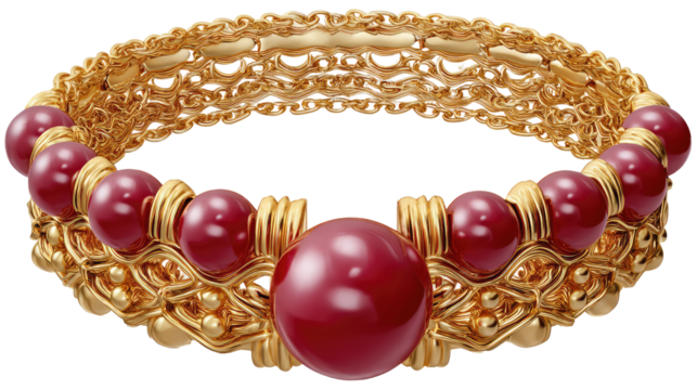 Golden Bracelet with Red Jewels: An exquisite close-up of an ornate golden bracelet, meticulously crafted and adorned with vibrant red jewels, embodying elegance and timeless beauty.