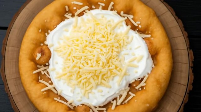 A delightful close-up captures the rustic charm of a traditional Hungarian langos, topped with a generous swirl of sour cream and a sprinkle of savory grated cheese.