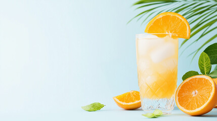 Refreshing orange drink with ice and mint leaves
