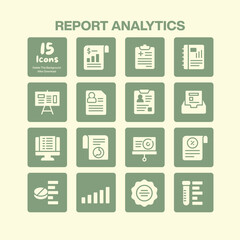 Report analytics icons collection representing business data analysis financial reporting and statistical insights for corporate management