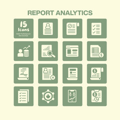Report analytics icons collection representing business data analysis financial reporting and statistical insights for corporate management
