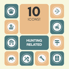Essential collection of ten hunting themed icons featuring paw prints bows arrows hunter figures shelters elephants axes and torches perfect for outdoor adventure and wildlife designs