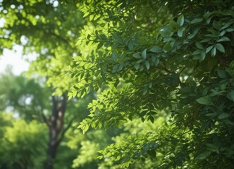 Fototapeta premium Blurred green leaves, dappled light, soft focus, lush foliage, unfocused, peaceful, diffuse