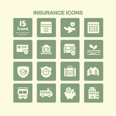 A comprehensive collection of fifteen insurance icons representing health auto home travel personal property and various protection concepts for security and peace of mind themes