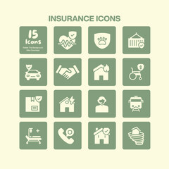 A comprehensive collection of fifteen insurance icons representing health auto home travel personal property and various protection concepts for security and peace of mind themes