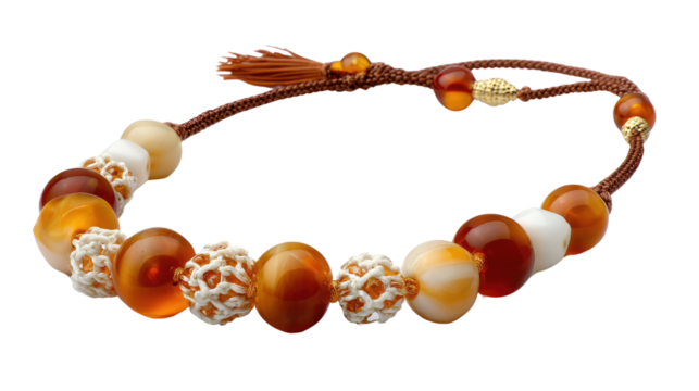 Amber and Stone Bracelet: A delicate bracelet features warm amber beads interspersed with creamy white stones and intricate metal accents, strung on a brown cord with a tassel.