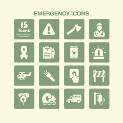 Essential collection of fifteen emergency icons featuring ambulance star of life first aid kit and various safety symbols perfect for medical and rescue designs