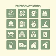 Essential collection of fifteen emergency icons featuring ambulance star of life first aid kit and various safety symbols perfect for medical and rescue designs
