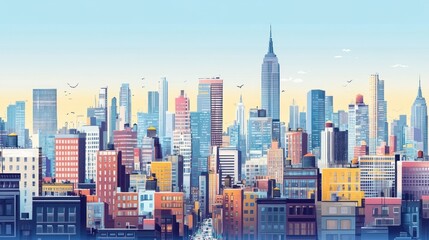 Obraz premium Illustration of a vibrant New York City skyline with tall buildings.