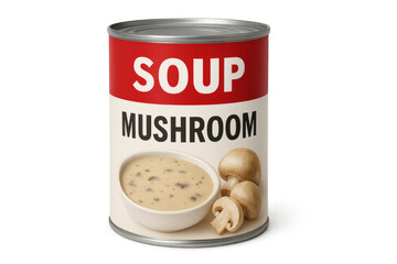 Mushroom soup can with transparent background displaying flavor and ingredients