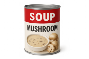 Mushroom soup can with transparent background displaying flavor and ingredients