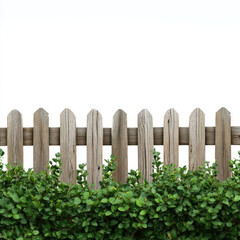 Naklejka premium Old wooden fence with green hedge plants on white background
