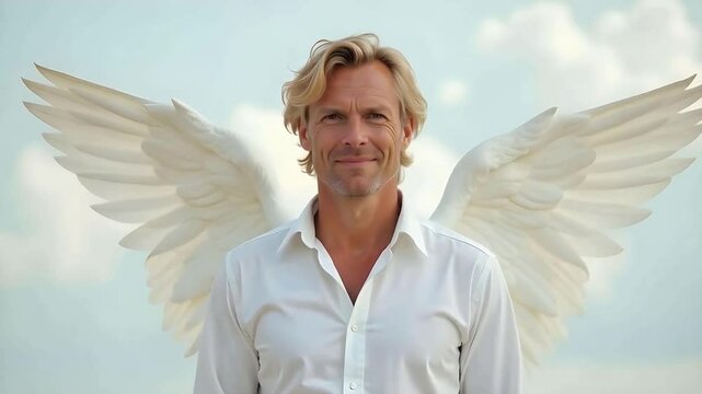 White man angel dressed in white with white wings on a cloudy background