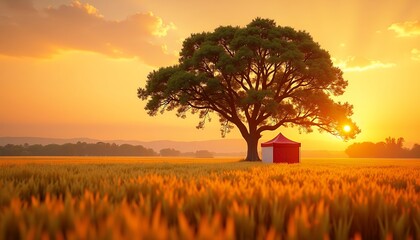 Obraz premium Tree and Field at Sunset