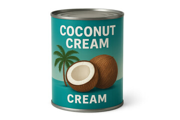 Coconut cream metal can with palm tree and coconuts on transparent background