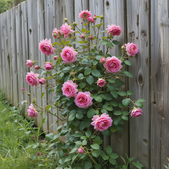 Bright pink flowers bloom beautifully in a lush garden, adorning a rustic fence with their delicate petals, a vibrant spring decoration