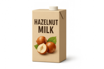 Hazelnut milk carton with hazelnuts and leaf on transparent background